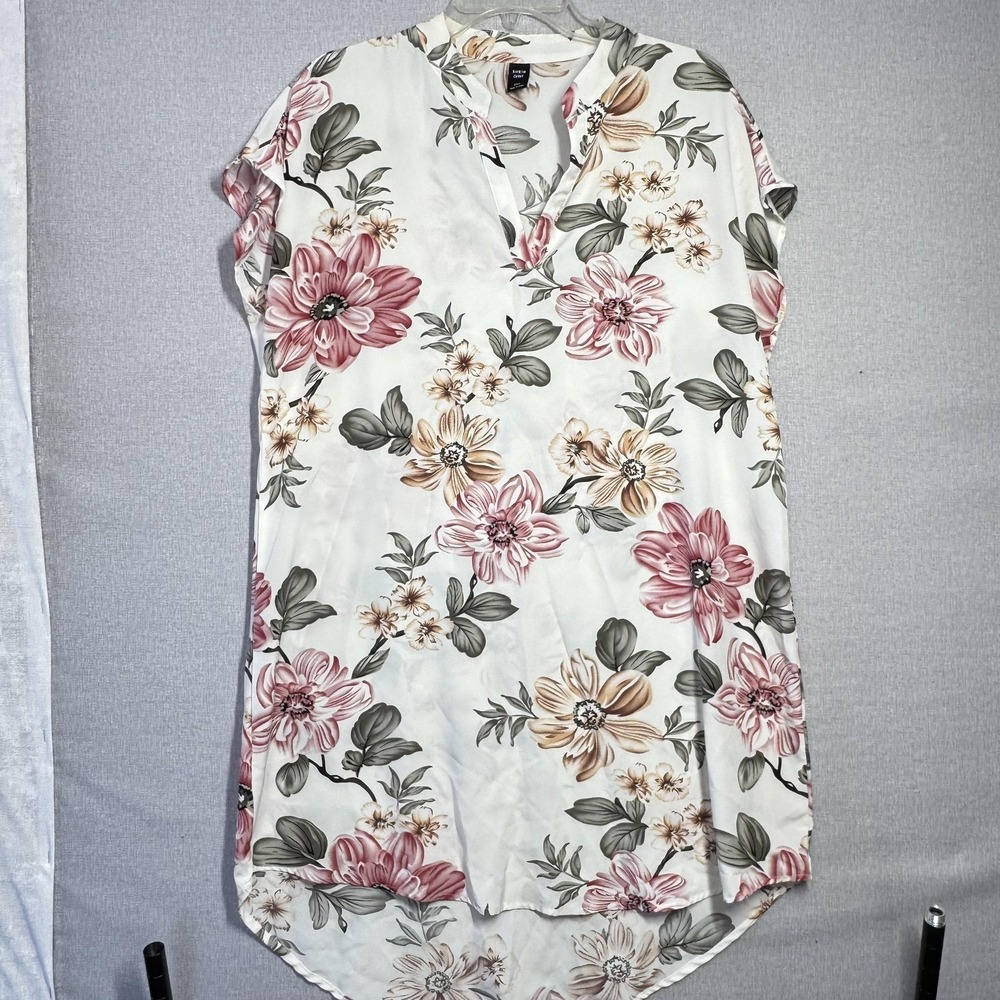 SHEIN Curve Dress Womens 0X White Floral V Neck Hi Low Belted Shift Cap Sleeve‎